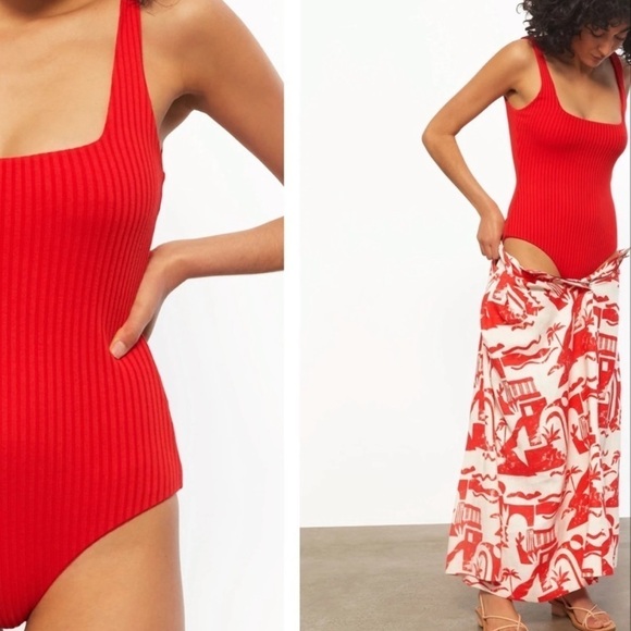 Mara Hoffman Square Neck Percy Red Ribbed Bodysuit 2X - Picture 1 of 8